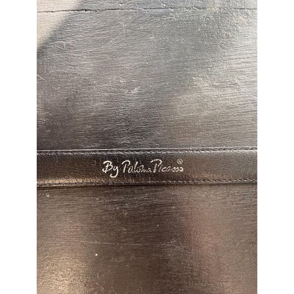 Vintage Paloma Picasso black leather belt with signature gold buckle, size 80